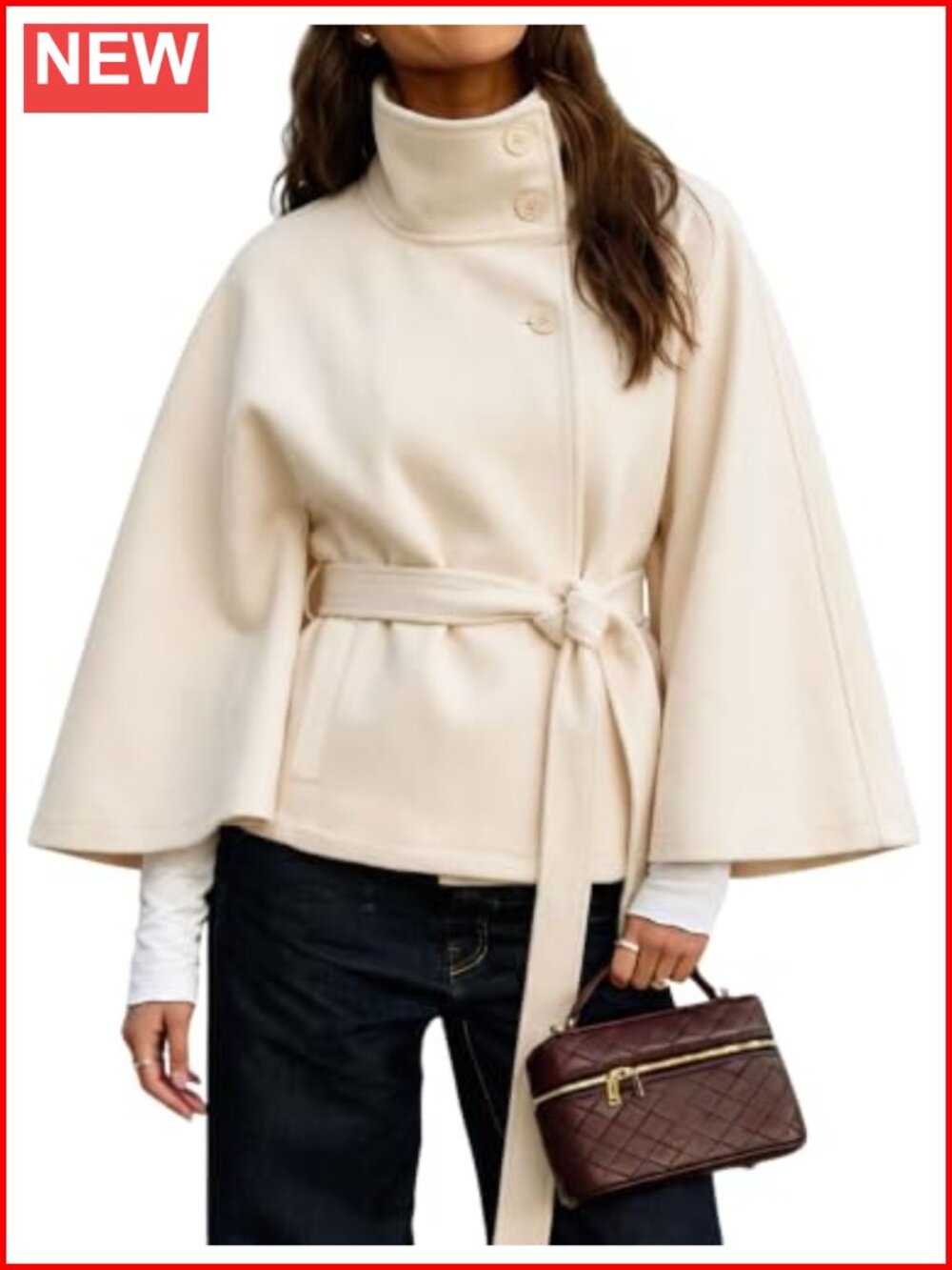 Women Batwing Sleeve Poncho Pea Coat Wool Blend Stand Collar Cropped Overcoat